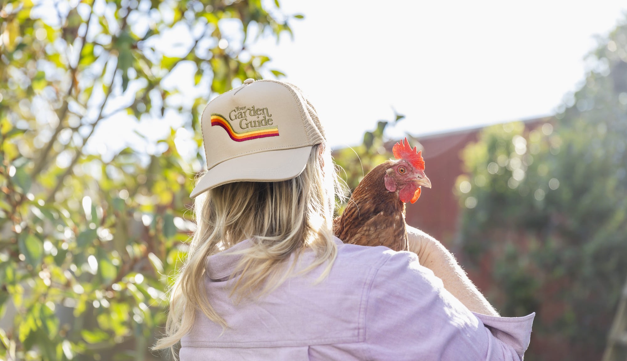 A garden guide holding a hen in a sunny garden